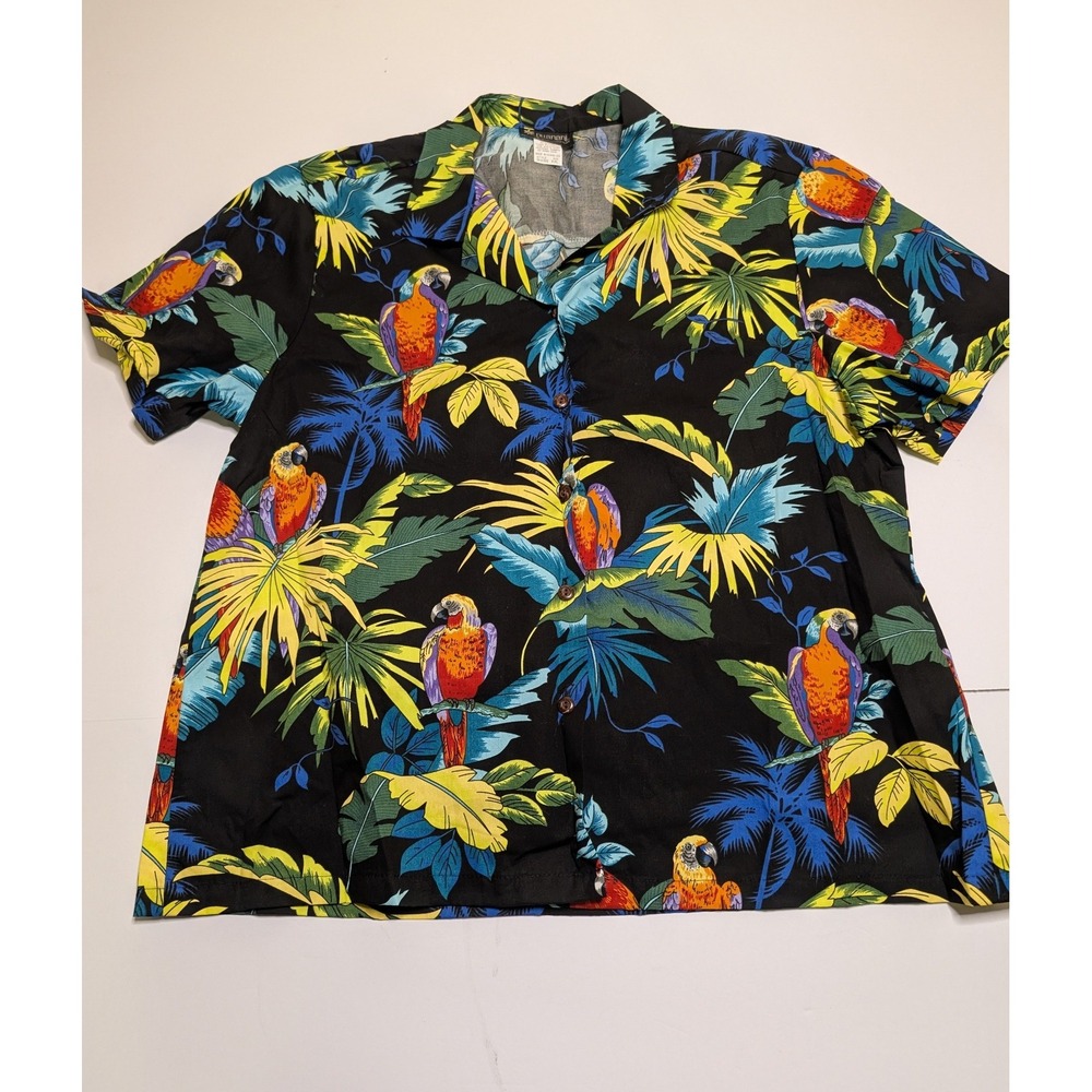 Puanani RJC Hawaiian Shirt Women XXL Black Parrot Tropical‎ Aloha W415S Made USA
